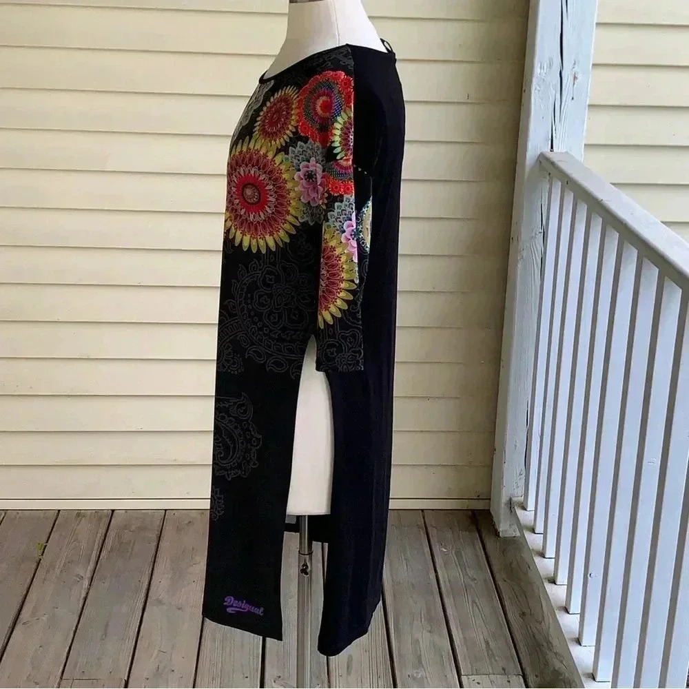 Desigual Longline Tunic Top S Black Rainbow Geometric Flowers Boho Lagenlook - Picture 6 of 11